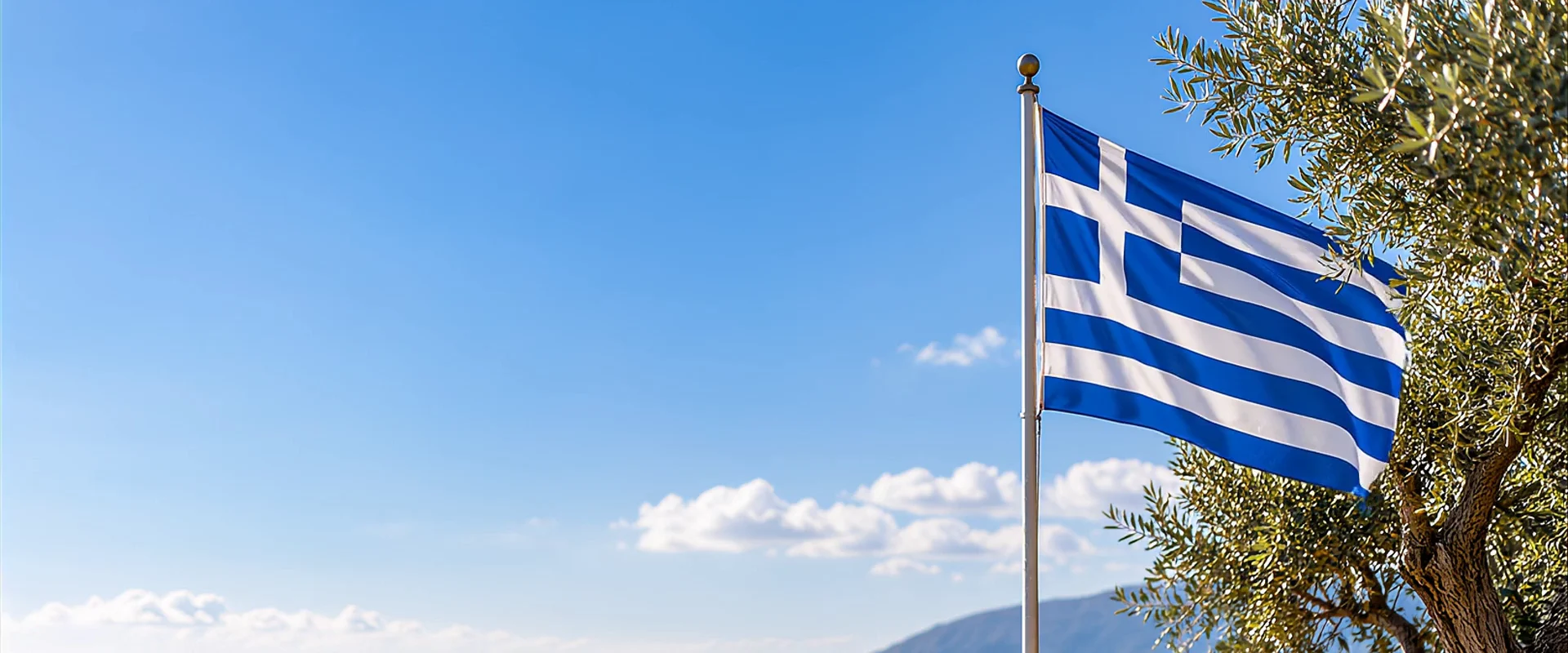 Ελληνική σημαία που κυματίζει απαλά δίπλα σε ελιά, με θέα ελληνικό παραθαλάσσιο τοπίο.